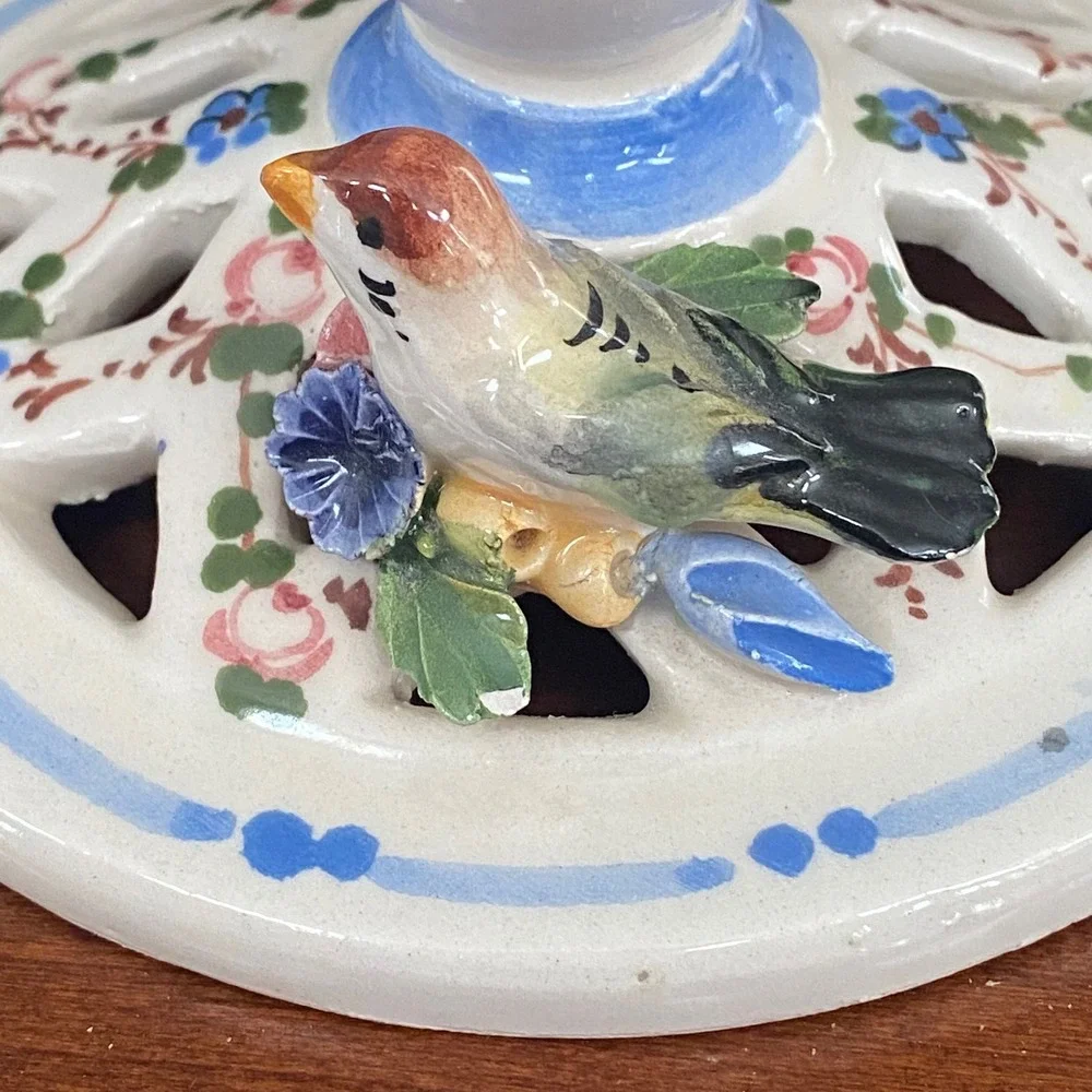 Naples Italy‎ Ceramic Candlestick Holder Applied Flowers Bird Reticulated Base